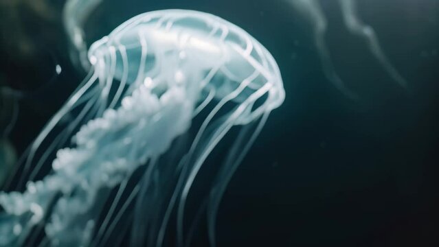 A detailed close-up of a jellyfish gracefully swimming in the water, The ethereal beauty of a ghostly-white jellyfish floating peacefully in the water