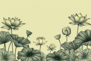 Graceful pencil mono color drawing of lotus and leaf isolated on green background with copy space, Lotus flowers line arts design for wallpaper, natural wall arts, banner, prints, invitation and packa