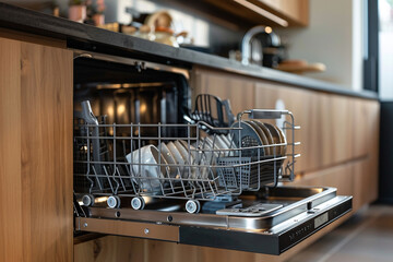 An open dishwasher filled with dishes in a modern kitchen