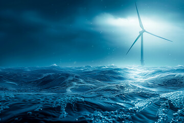 Graphic image of rotating wind generator on the dark blue water surface background. Sustainable wind energy process. Virtual data technology. Green energy production. Mockup