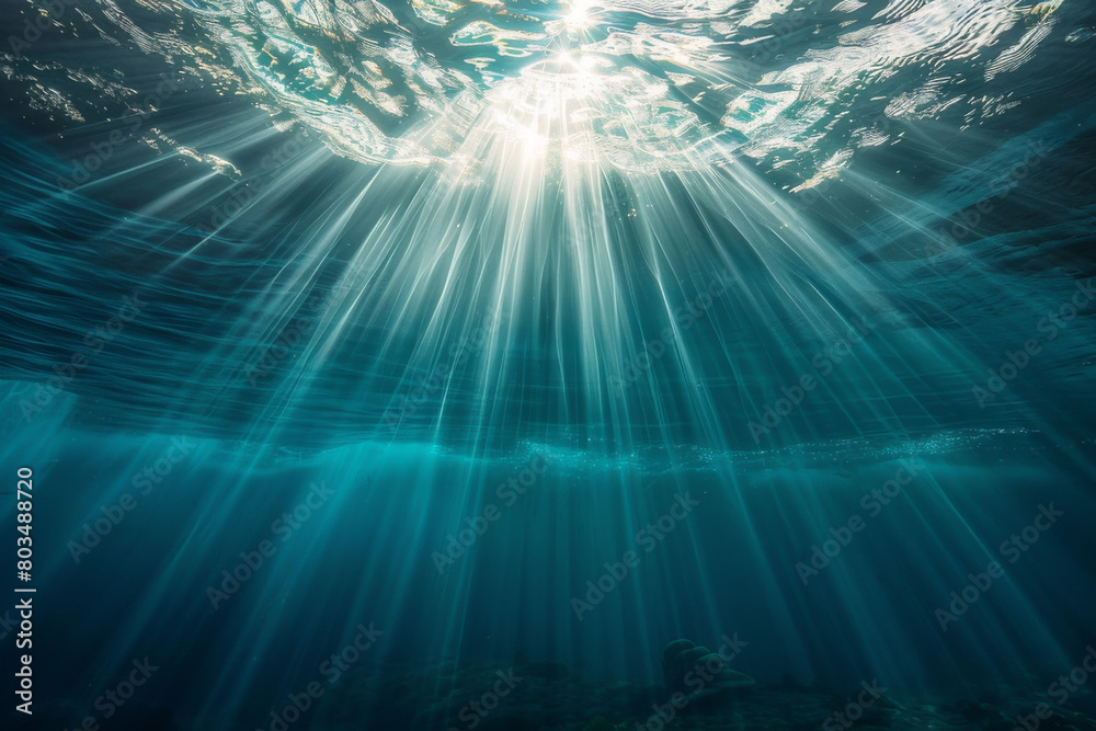 Wall mural a visual of sunlight filtering through the ocean's surface, creating beams of light that penetrate t