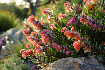 The beauty of Darwinia flowers cultivated in a garden setting, focusing on the integration of these unique Australian natives into diverse garden designs - Generative AI
