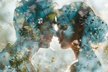 Double-exposure photo of a couple in love and flowers