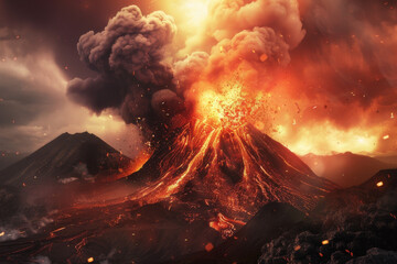 An image showcasing the dramatic and powerful explosion of a volcano, with lava spewing into the air and ash clouds billowing into the sky - Generative AI	