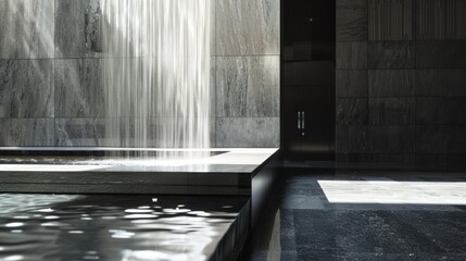 Minimalist Lobby with Polished Stone Waterfall Feature and Play of Light AI Generated.