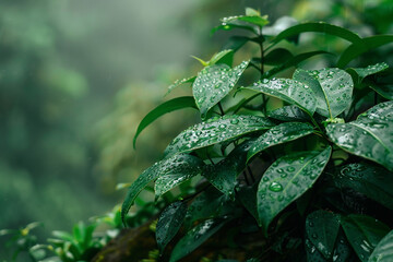 Rain-soaked foliage in a forest, with mist and fog adding to the stormy ambiance.