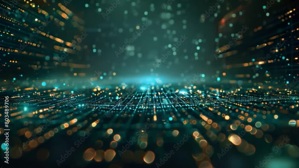 Poster a visually striking abstract background in blue and black hues, featuring mesmerizing lights and gol
