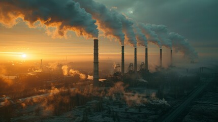 Dawn breaks over a factory with smokestacks emitting plumes into the sky