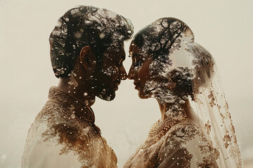 Double-exposure image of a beautiful Indian bride and groom and plants and trees