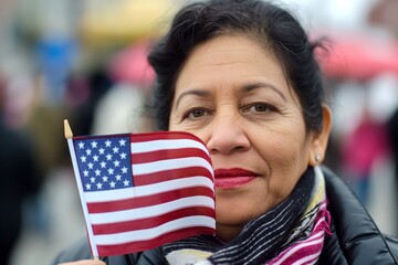Happy smiling Female immigrant holding a small US flag the day of her naturalization ceremony