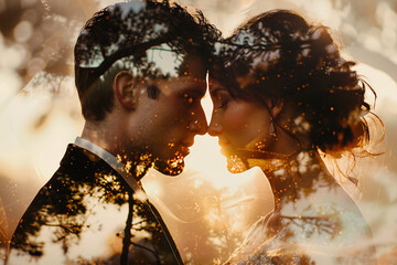 Double-exposure image of a beautiful bride and groom and plants and trees, wedding photo inspiration