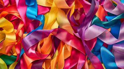 background with ribbons, Multicolored narrow satin ribbons spread out in a chaotic manner on a white background. Abstract rainbow background. Horizontal photo. - obrazy, fototapety, plakaty