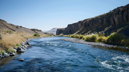 A river gently flowing through a rocky riverbank, surrounded by high cliffs and sparse vegetation, under a clear blue sky
