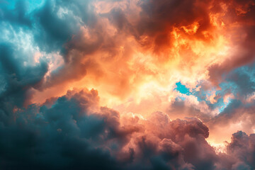 Stormy sky at sunset, with vibrant colors and dramatic cloud formations. - Powered by Adobe