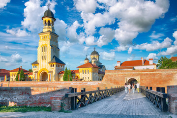 Amazing cityscape of Coronation Orthodox and Roman Catholic cathedrals inside fortified Alba...
