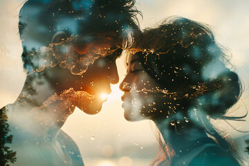 Double-exposure image of a beautiful Asian couple and nature during sunset, creative couple photo isnpiration