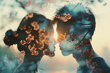Double-exposure image of a beautiful Asian couple and nature during sunset, creative couple photo isnpiration