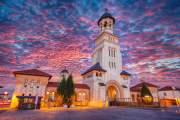 Amazing cityscape with Bell Tower of Orthodox Coronation Cathedral inside fortified Alba Carolina...