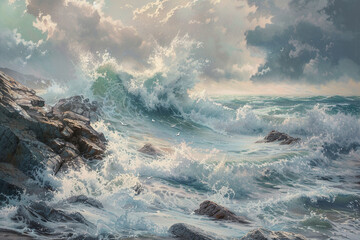 Stormy waves crashing against a rugged shoreline, with foam and spray filling the air.