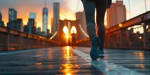 Young jogger running on a city bridge at sunrise, with the skyline in the background on early morning. Healthy lifestyle.