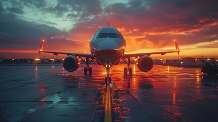 Commercial jetliner on airport runway with dramatic sunset sky