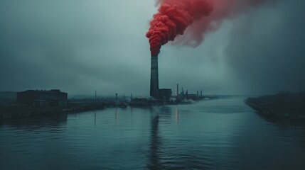 Smoke billows from a tall chimney into a dark, moody sky above a tranquil river