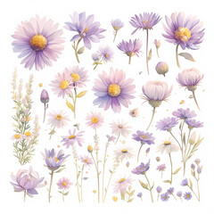 A Captivating Assortment of Hand-Illustrated Summer Wildflowers in Lush Watercolors for Craft Projects and Design Inspiration