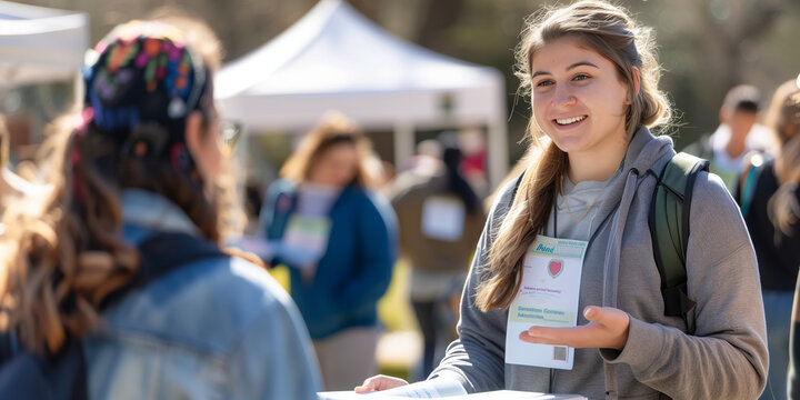 Mental health awareness campaign booth at a college campus, with volunteers handing out informational brochures and talking to students.