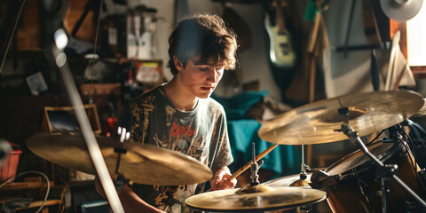Naklejka premium Teenage band practicing in a cramped garage, with cluttered equipment and members tuning instruments, immersed in their music preparation.