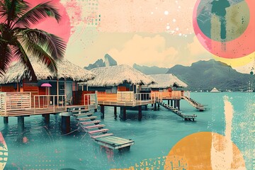 Water bungalows in a turquoise sea with palm trees. Contemporary art collage. Summer vacation and travel concept. Retro aesthetics, vintage. Design for poster, print