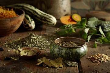 The delicate balance of bitter gourd tea leaves and other herbal ingredients, forming a harmonious blend.