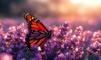 Monarch butterfly landing on a lavender field, soft focus, golden hour light, serene nature scene