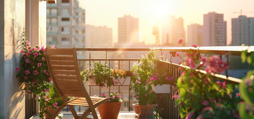 Cozy balcony with simple folding furniture and blossoming plants in flower pots. Charming sunny evening in summer city.