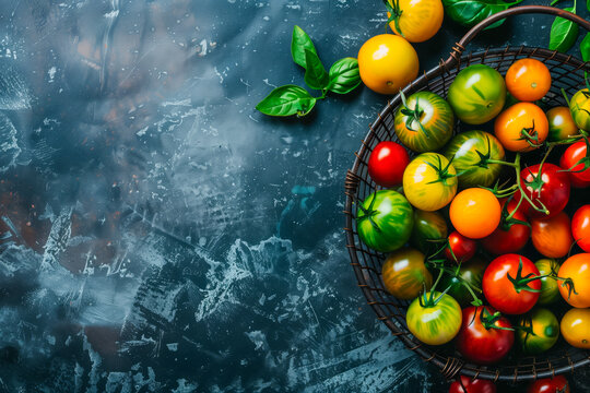 Harvest of colorful small round cherry tomatoes in a dark wire metal basket, a mix of genes from wild currant tomatoes and garden tomatoes on dark background, with copy space