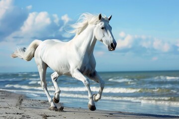 Obraz na płótnie Canvas A white horse running at a beach in the sunlight.