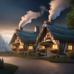Group of fairy-tale cottages with smoke curling from chimneys2 - obrazy, fototapety, plakaty