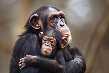 A cute baby chimpanzee in the arms of its mother.