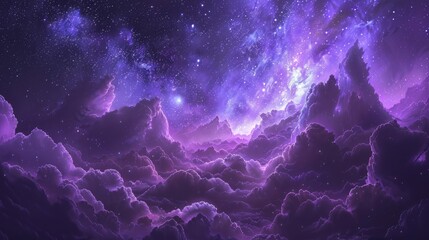 This captivating scene depicts a dreamy cloudscape infused with purple tones and twinkling stars, evoking wonder and imagination