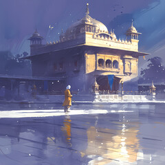 Vibrant Watercolor Depiction of a Sacred Sikh Gurdwara at Sunset