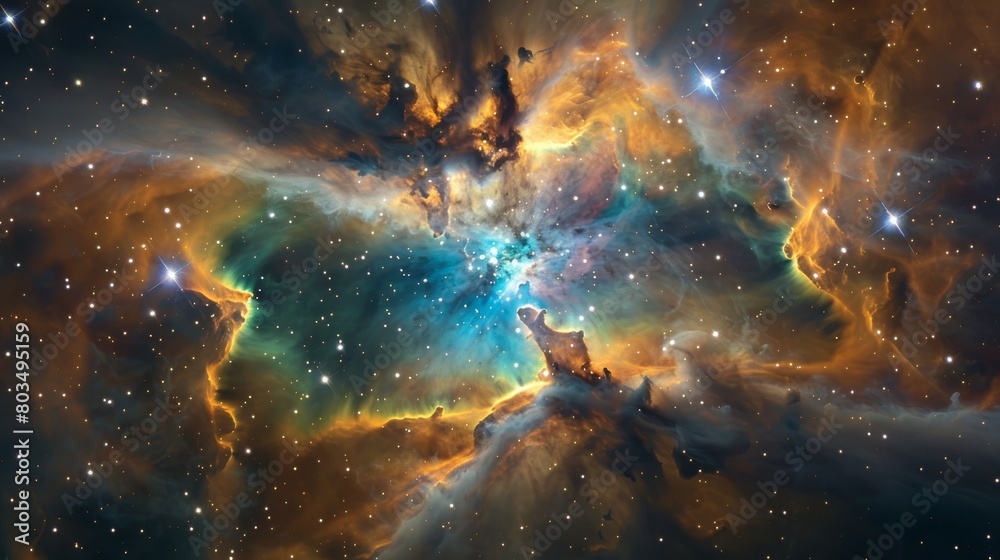 Poster An extraordinary scene of the galactic core surrounded by interstellar clouds, showcasing a vibrant fusion of color and light