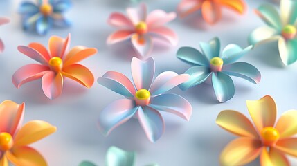 3D rendering digital illustration of various flowers on a blurred background. Vibrant flowers of pastel colors in 3D romantic atmosphere.