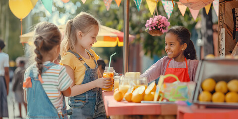 Cheerful children running a lemonade stand, interacting with customers and making sales with handmade signs and a colorful setup.