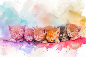 Many adorable cartoon colorful kittens cuddling together looking at you as a cute background, greeting cards, lovely colorful funny backgrounds, cat lovers wall paper - obrazy, fototapety, plakaty