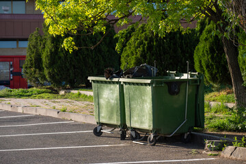 Big green trash cans in the neighborhood, ecological concept