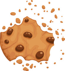 Bitten chocolate chip cookie. Crunch homemade brown biscuit broken with crumbs. Cartoon baked round choco cookie bite animation vector. Illustration animation disappear choco crumb piece bakery