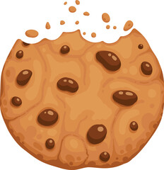 Bitten chocolate chip cookie. Crunch homemade brown biscuit broken with crumbs. Cartoon baked round choco cookie bite animation vector. Illustration animation disappear choco crumb piece bakery