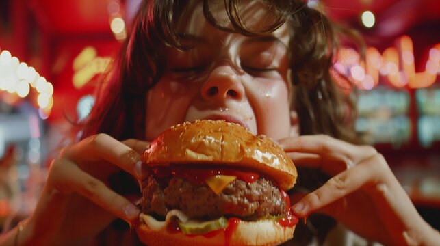 A teenager devouring a towering burger with gusto, their face smeared with ketchup and cheese.