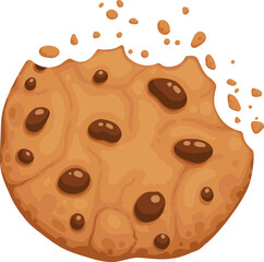 Bitten chocolate chip cookie. Crunch homemade brown biscuit broken with crumbs. Cartoon baked round choco cookie bite animation vector. Illustration animation disappear choco crumb piece bakery