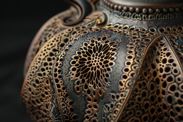 The intricate patterns and details of a ceramic bitter gourd tea infuser, captured in high-resolution clarity.
