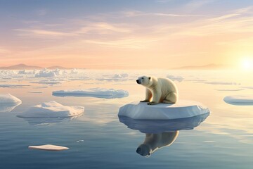 A polar bear is sitting on top of a large ice block in the ocean